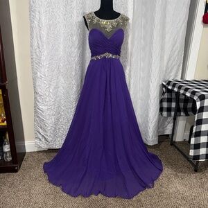 Rachel Allan Purple Prom Dress Size 14 Nude Top Rhinestone Formal Gown Train